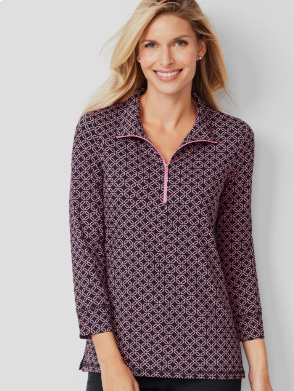 Talbots UPF 50+ Half Zip Pink/Blue Top Size XS Preppy Sport Retro Geo Athleisure